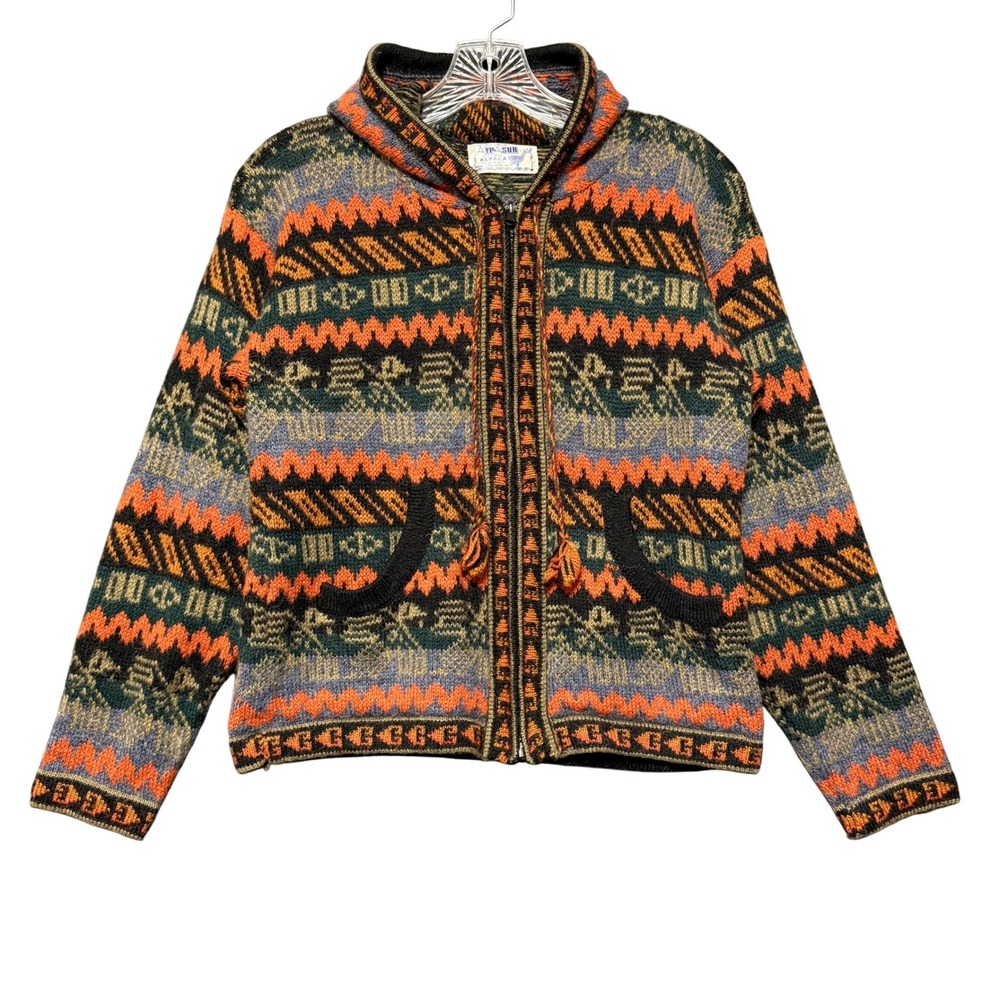 Alpa Sur Alpaca Hooded Peru Cardigan Womens M Multicolor Geometric Zip Hippie